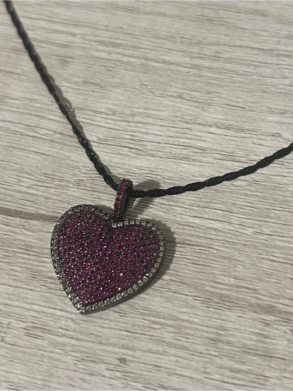 Dark Gunmetal Pavé Purple Crystal Heart Pendant Braided Cord Necklace nip